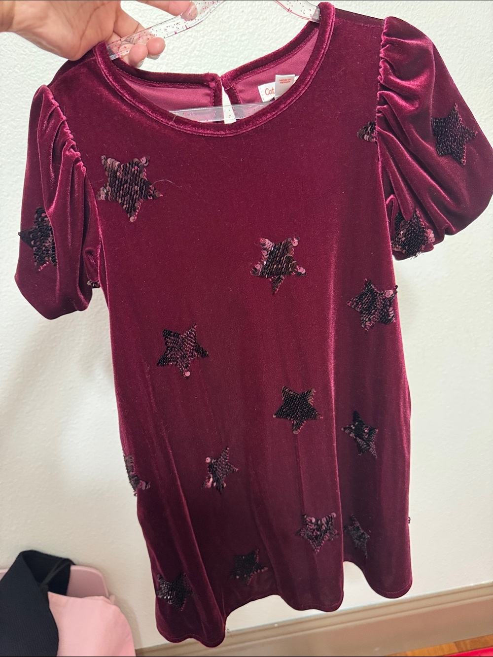 Cat & Jack Velvet Dress with Black Sequin Stars - Burgundy